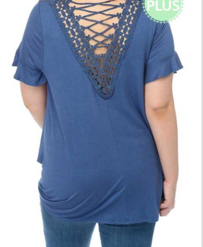 Plus size short sleeve top crochet back detail denim blue