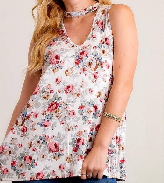 Ivory floral v-neck choker sleeveless top