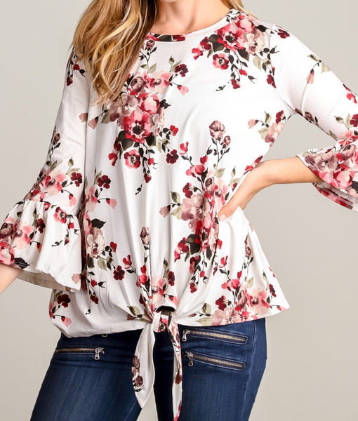 Ivory floral bell sleeve front tie top