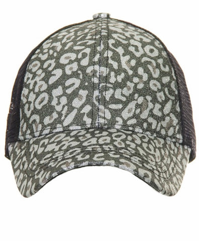 Leopard/black glitter ponytail hat