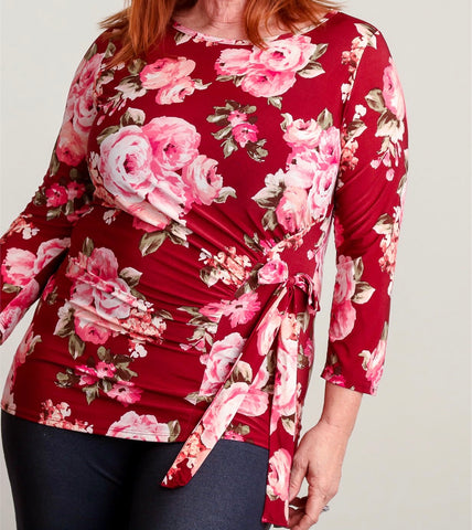 Burgundy floral tie waist top