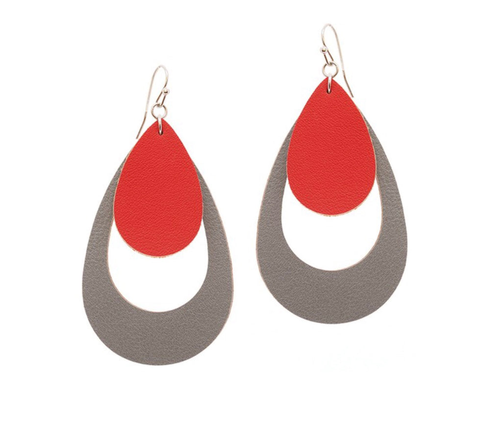 Earrings red/grey leather cutout teardrop