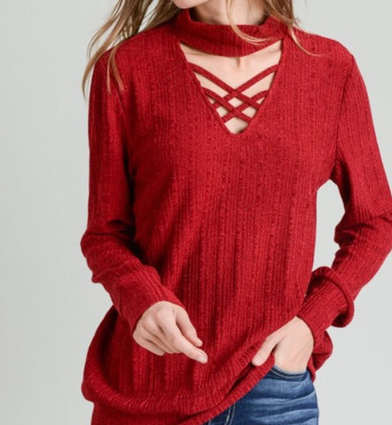 Wine cutout high mock neck top