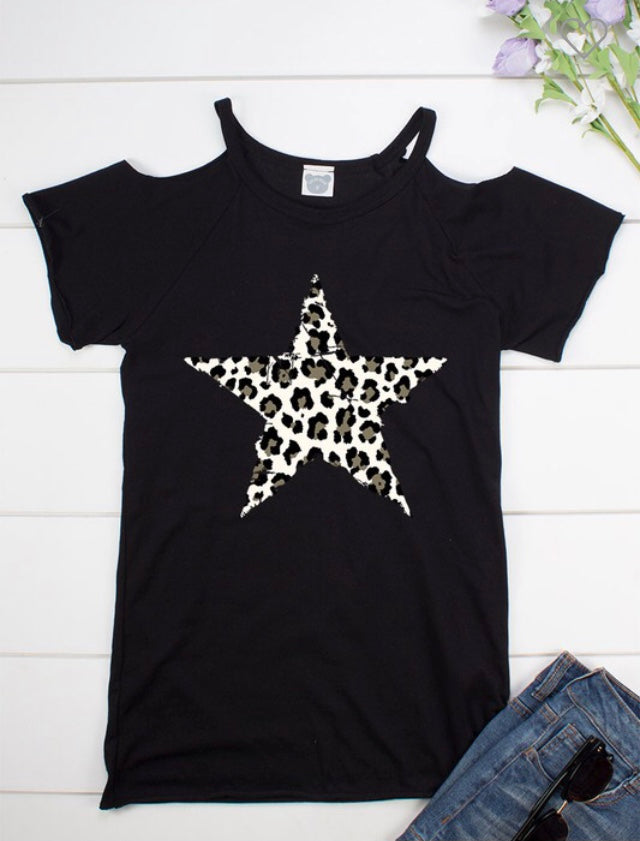 Cold shoulder animal print star tee