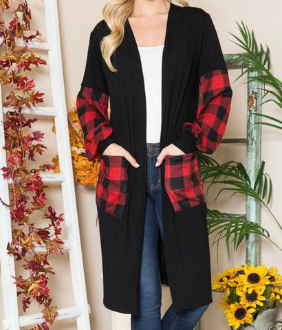 Black cardigan Buffalo plaid sleeves