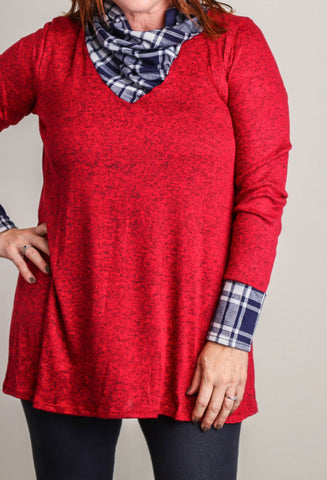 Plus red long sleeve with navy plaid cowl neck top