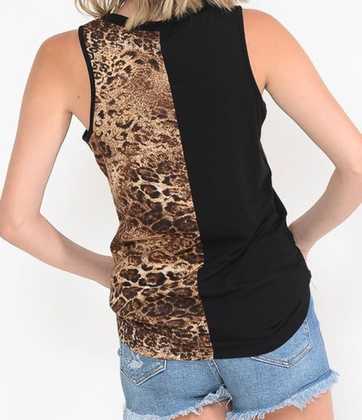 Black/animal print color block tank