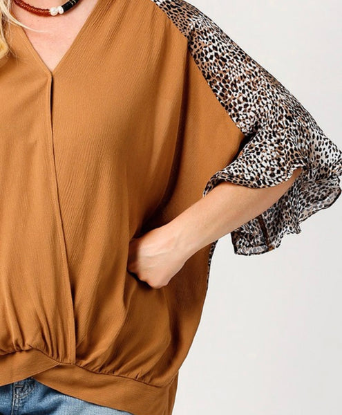 Plus leopard/ camel mixed print top