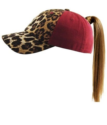 Burgundy/leopard ponytail hat