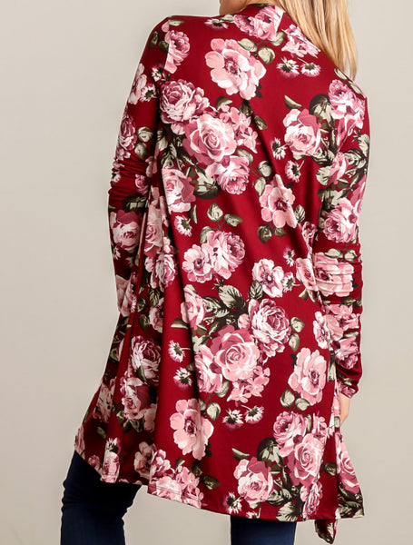 Burgundy floral long sleeve cardigan