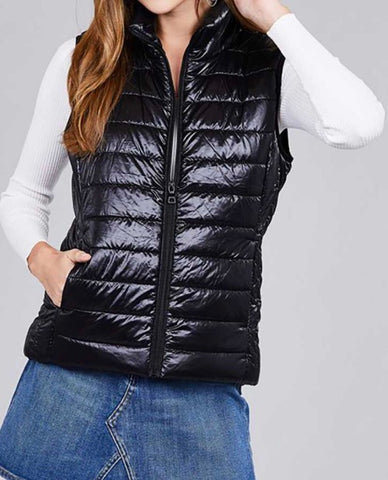 Plus quilted black shiny puffer vest