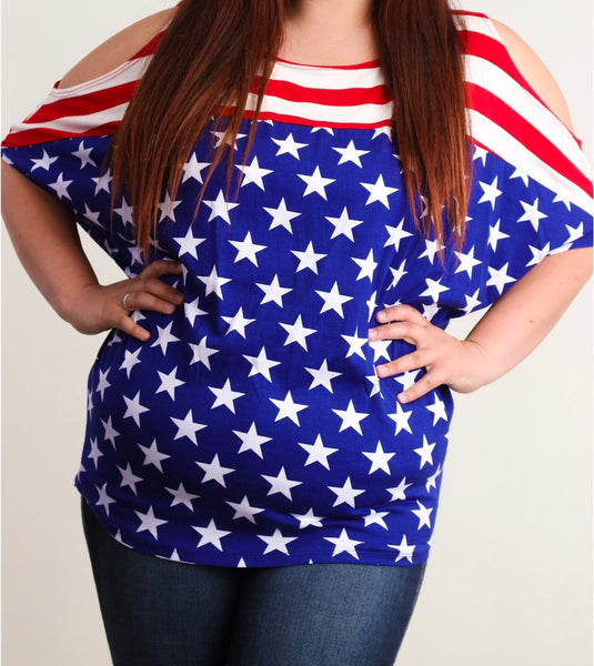 Plus flag print cold shoulder top