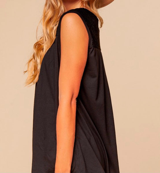 Black lace yoke neck sleeveless top