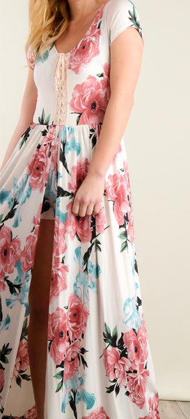 Ivory floral maxi dress with shorts