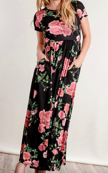 Black/pink floral pocketed maxi dress