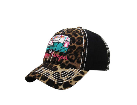 Hat vintage “Happy Camper”  leopard front