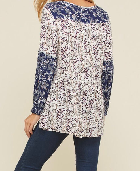 Navy floral front neck tie Hi-Low tunic top