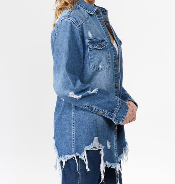 Distressed denim shirt jacket