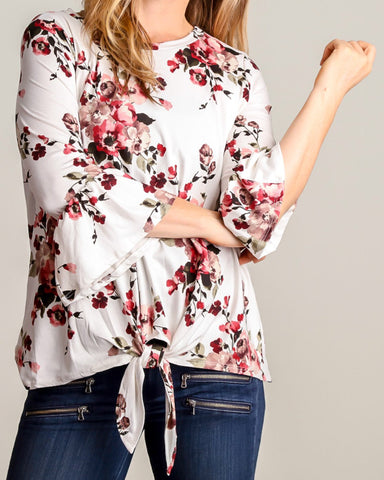 Ivory floral bell sleeve front tie top