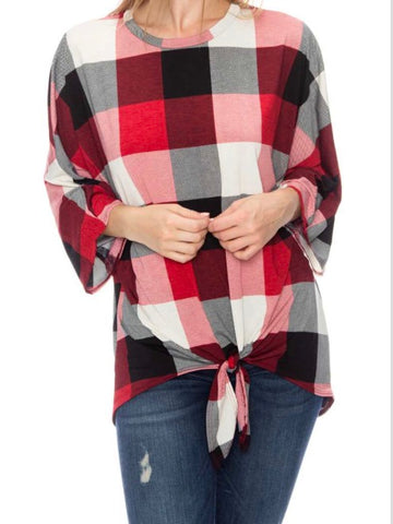 Plus red checkered front tie dolman 3/4 sleeve top