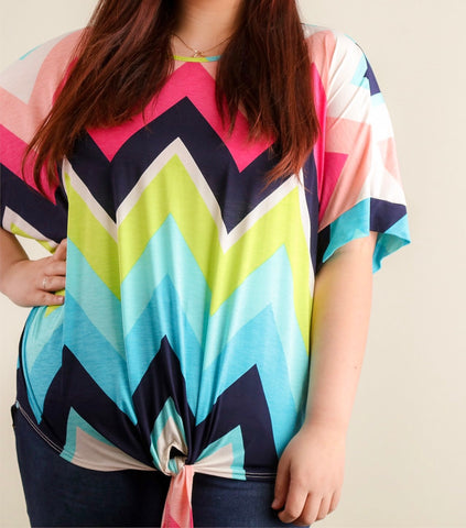 Plus navy and multi chevron print, front tie hem top