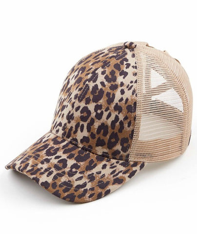 C.C. Leopard crisscross ponytail trucker hat