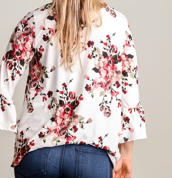 Ivory floral bell sleeve front tie top