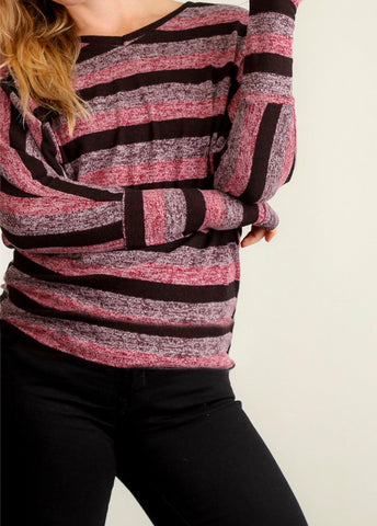 Burgundy & pink marled stripe top