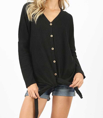 Black Waffle knit button down front tie top