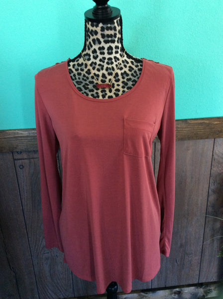 Long sleeve back patch detail top in Marsala