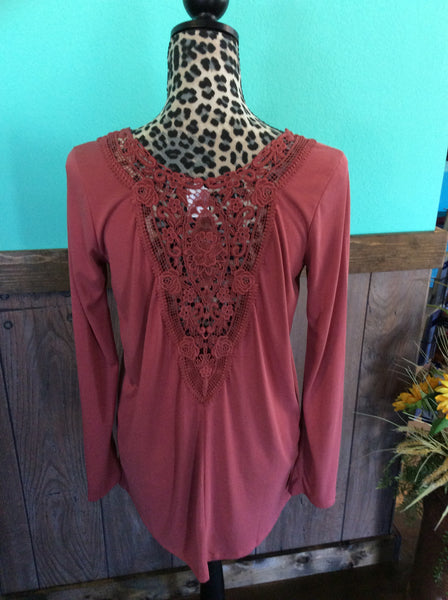 Long sleeve back patch detail top in Marsala