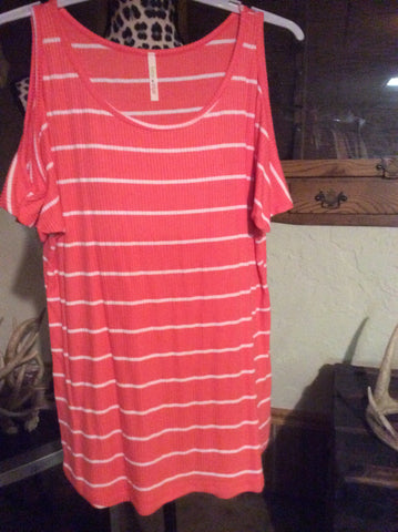 Cold shoulder striped short sleeve coral