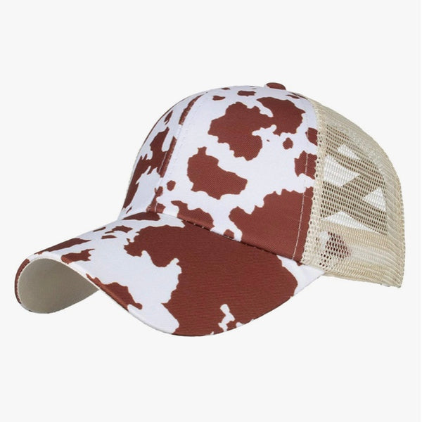 Cow print ponytail trucker hat