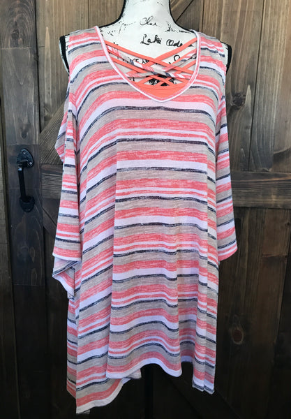 Plus coral striped cold shoulder tunic, 3/4 sleeve top