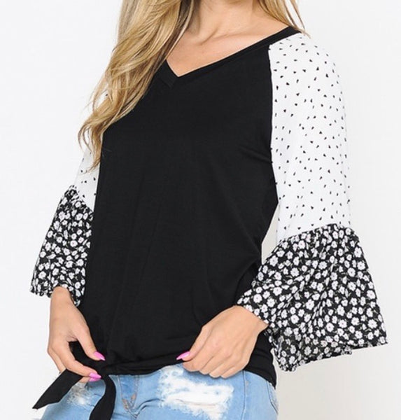 Black front tie 3/4 floral sleeve top