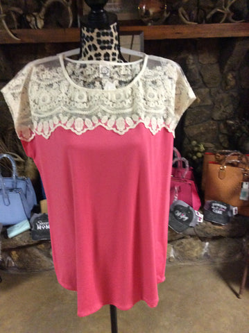 Coral short sleeve lace detail collar