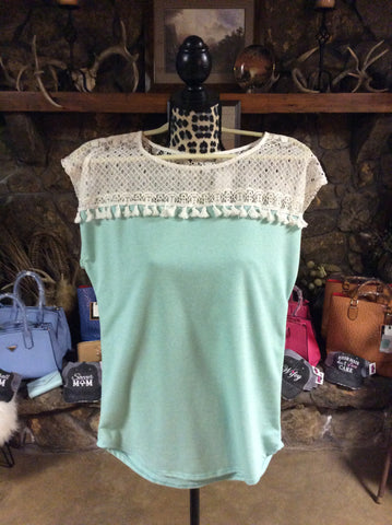 Mint short sleeve lace detail with tassels