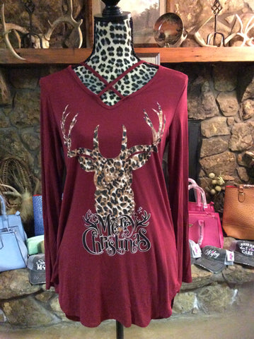 Merry Christmas leopard reindeer top burgandy