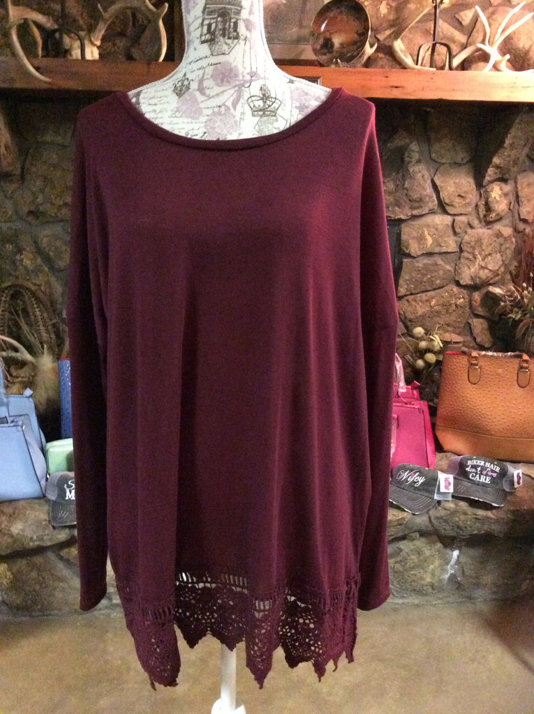 Plus size Burgundy crochet trim top