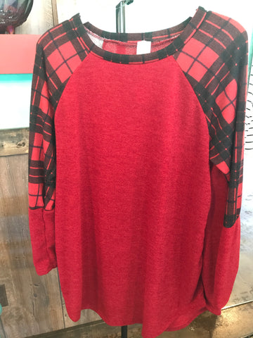 Plus size red plaid sleeve top