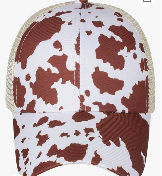 Cow print ponytail trucker hat