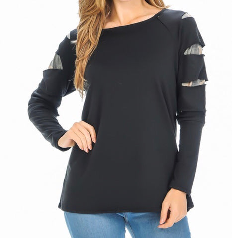 Black camo detail cutout sleeve top