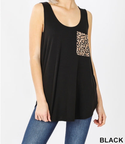 Black tank with leopard pocket