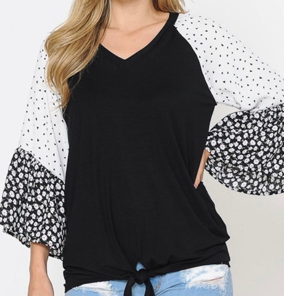 Black front tie 3/4 floral sleeve top