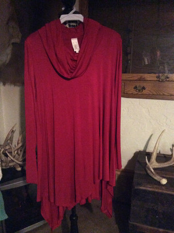 Plus size cowl neck unbalanced top red