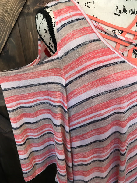 Plus coral striped cold shoulder tunic, 3/4 sleeve top