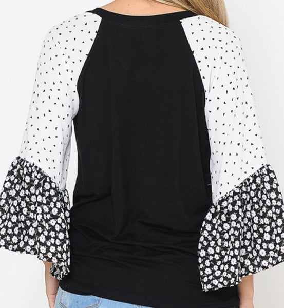 Black front tie 3/4 floral sleeve top