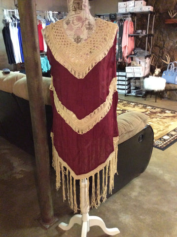 Plus size maroon crochet/fringe sleeveless top