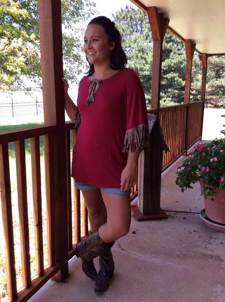 Fringe detail tunic top burgandy