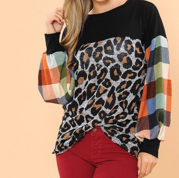 Color block/ leopard balloon sleeve top